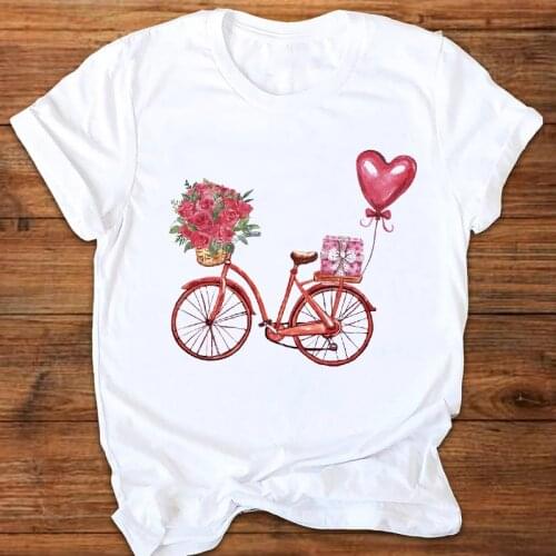 2021 Romantic Vintage Bicycle Flower T-Shirt Vouge Women Short Sleeve Old Bikes Pattern White Casual Tops Valentines Day Female