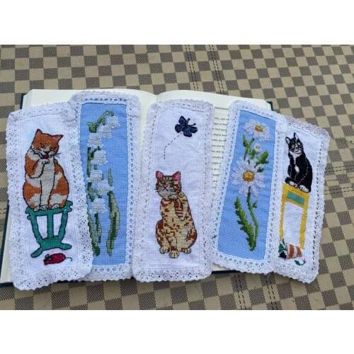 5 pieces,14 count aida fabric,Cotton Flowers and Cats Cross Stitch Kit, 8x20cm, Cats, Flowers, Lace Cross Stitch Book mark