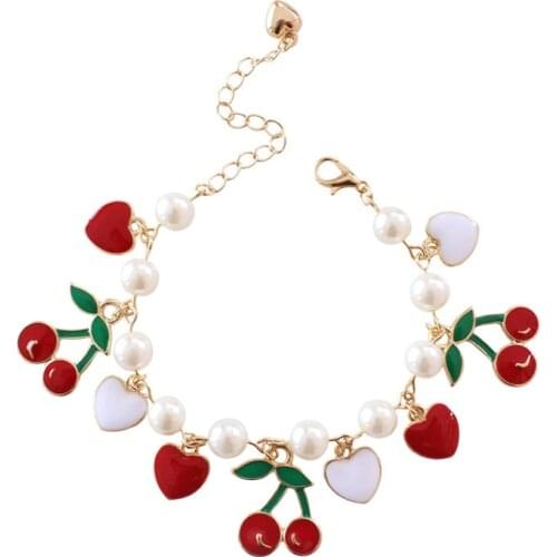 Gold Color Chain Bracelets Sweet Red White Heart Green Leaf Imitated Pearl Cute Cherry Charms Bracelet For Women Girls Student