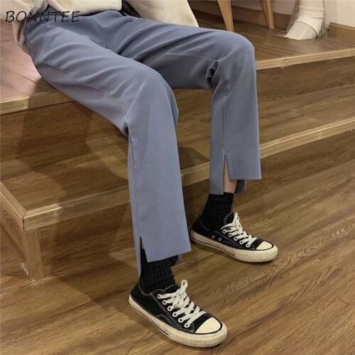 Pants Women Summer Ladies Hot Sale Side-slit All-match Solid Popular Students Trendy Baggy Straight Elastic Waist Harajuku Chic