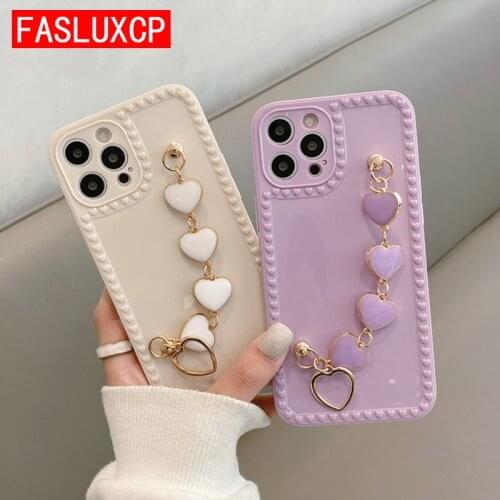 Korea 3D Love Heart Metal Bracelet Wrist Chain Soft Phone Case for Huawei P50 P40 P30 Pro Mate 30 40 Honor 20 30 50 Nova 5T Capa