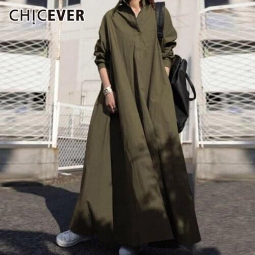 CHICEVER Single Breasted Shirt Dress For Women Lapel Collar Long Sleeve Loose Minimalist Ankle Length Dresses Female Clothes New