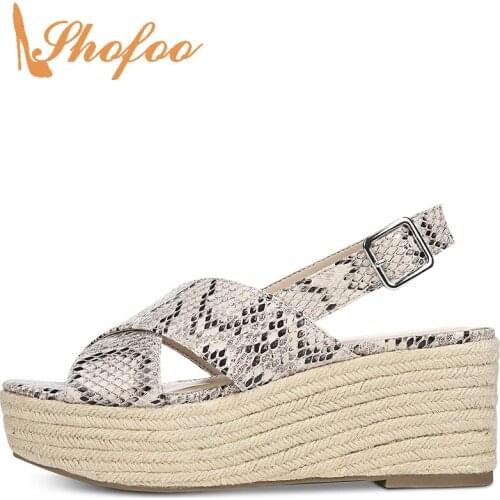 SnakeSkin Ankle Wrap Espadrilles Platform Sandals Woman High Wedges Heels Buckle Strap Large Size 30 33 Female Casual Shoes 2021