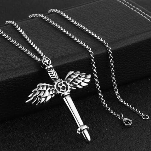 Hiphop Silver Color Link Chains Necklace for Men Delicate Wings Jesus Cross Pendant Stainless Steel Prayer Jewelry Gift MN82