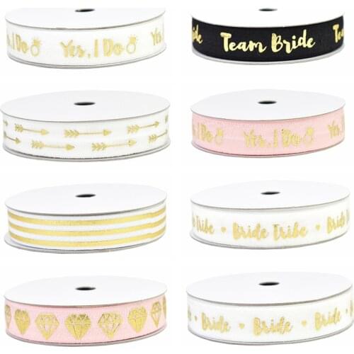 HSDRibbon 16MM gold foil bride series printed on fold over elastic Wedding decoration DIY elastic hair ties 100Yards/Roll