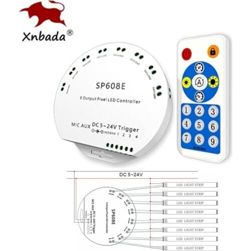 SP608E WS2811 WS2812B Music LED Strip Controller 8CH Signal Output Built In Mic IOS Android Bluetooth APP DC5V-24V