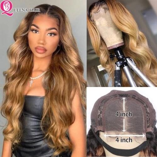 Honey Blonde Lace Wig Ombre Human Hair Wig 4X4 Glueless Body Wave Closure Wigs Colored 1B/27 Brown Burgundy Red Lace Closure Wig