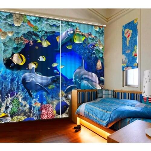 3D Curtain Fashion Customized Blue Coral Reef fish Dolphin Curtain Design 3D Photo Window Curtain For The Bedroom