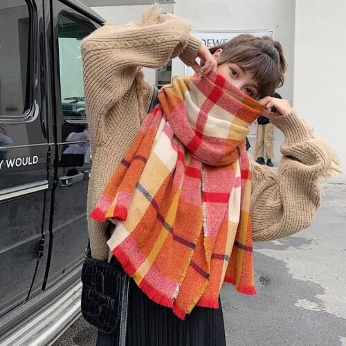 Fashion Imitation Cashmere Women Vintage knitted Plaid Scarf Winter Warm Shawl Long Wrap Bandana Casual Female Thick Blanket