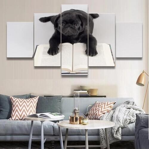 Wall Art Modular Black Dog and Book Posters and Prints Home Decorative for Living Room 5 Pieces Modern Canvas Painting No Frame