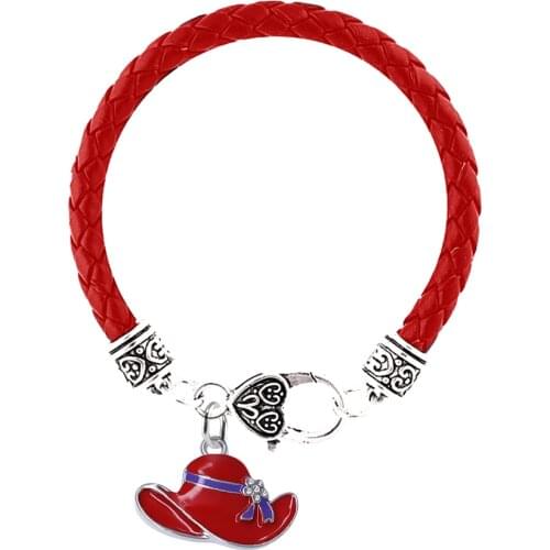 Double Nose New Made Metal Alloy Red Enamel Hat Purple Ribbon Awareness Leather Chain Bracelets For Girl Women
