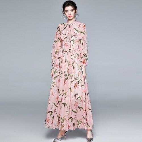 New Women Long Dress Summer 2021 Elegant Fashion Long Sleeve Lily Print Empire Waist Large Hem Chiffon Dress