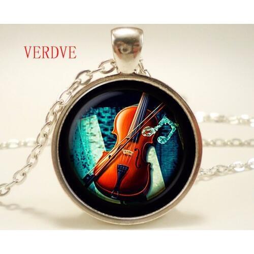 "Violin glass pendant, Music necklace, Musical instruments jewelry, birthday gift.,christmas gift,sliver plated