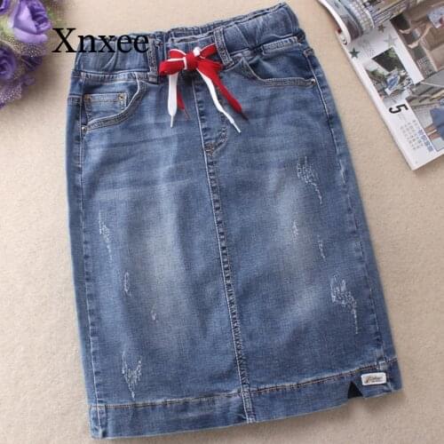 Casual Denim skirt women elastic high waist stretch Slim package hip knee-length jeans skirt plus size elegent straight