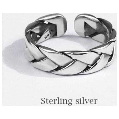 Season Gate 925 Sterling Silver Personality Trendy Retro Wave Weaving Adjustable Size Open Ring SR111