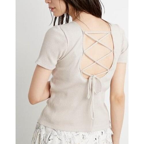 Chic Backless Bandage Slim Pullovers Woman 2021 Summer Short Sleeve Knitted Tops Women Elagent Solid All-match Knit T-shirts