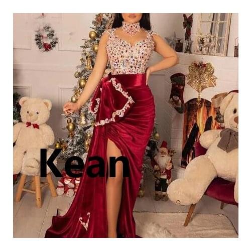 High Slit Evening Dress Spaghetti Straps Velour Prom Gown Special Occasion Dress Islamic Dubai Kaftan Saudi Arabic Prom Dress