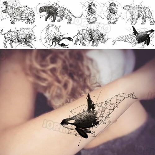 Black Whale Temporary Tattoos For Women Men Realistic Leopard Seahorse Rhino Fake Tattoo Sticker Forearm Tatoos Legs Creative