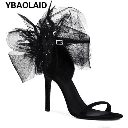 New Mesh Lace Flower Flashing Diamond Word Belt High Heels Pointed Toe Stiletto Catwalk Personalized Sandals Women Wedding Shoes