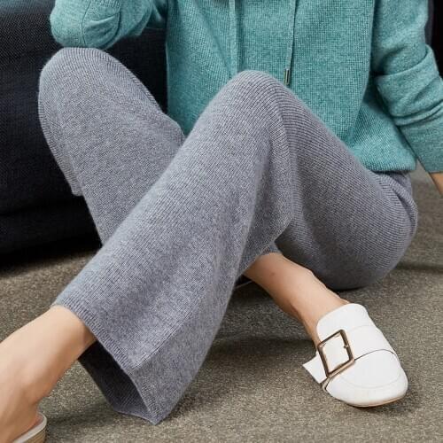 Women 100% Cashmere And Wool Pants 2020 New Autumn Winter Soft Waxy Comfortable High-Waist Knitted Female Thicken Wide Leg Pants