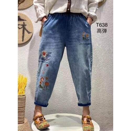 2021 new spring and summer retro wild loose large size embroidery stretch jeans womens elastic waist cropped trousers