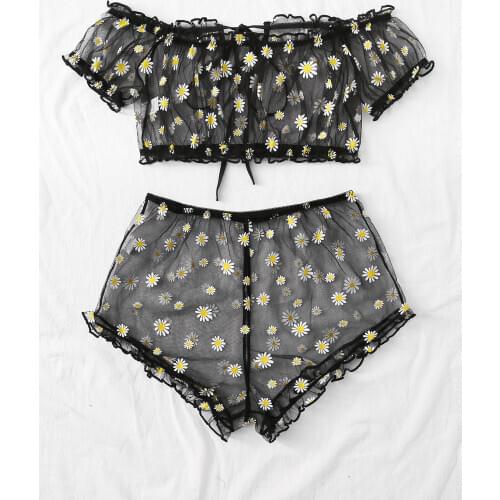 Women Exotic Sets Sexy Lace Floral Little Daisy See Through Transparent Off Shoulder Puff Sleeve Lace Up Cropped Bra Top+Shorts