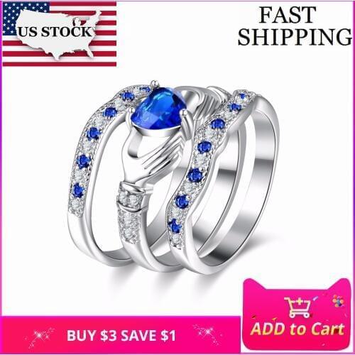 US STOCK Uloveido Engagement 3 Piece Set Rings for Women Cubic Zirconia Bridal Blue Heart Promise Ring Wedding Jewelry HR314