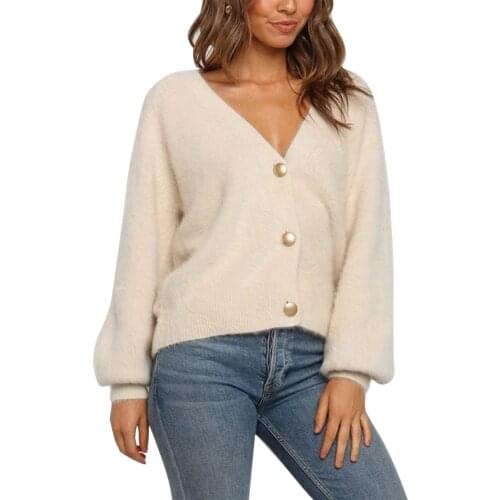 Womens Button Down Sweater, Fuzzy Long Sleeve V Neck Solid Color Loose Cardigan Coat