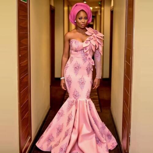 Sexy Mermaid Prom Dress Pink Appliques Ruffles Beading One Shoulder Sheer Long Sleeve Sweetheart Aso Ebi Women Dress