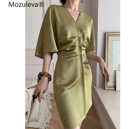 Mozuleva 2021 Summer Temperament V Neck Fold Dress for Women Batwing Sleeve Mini Dress Female Chic Slim Waist Vestidos