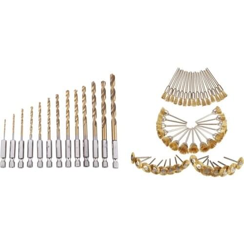 13Pc HSS Titanium Coated Drill Bit Set with 1/4Inch Hex Shank & 45Pcs Copper Wire Brush Wheel Sanding Accessories
