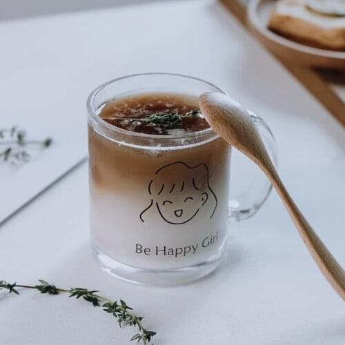 320ml Lovely Printed Glass Coffee Mug Milk Tea Coffee Cup Transparent Mugs Handle Drinkware Happy Girl Boy Couple Lover Gifts