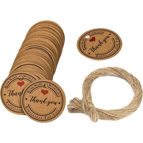 100 Pack Thank You Tags Round Brown Kraft Paper Tags with String Perfect for Baby Shower, Wedding and Party Gift Decorations