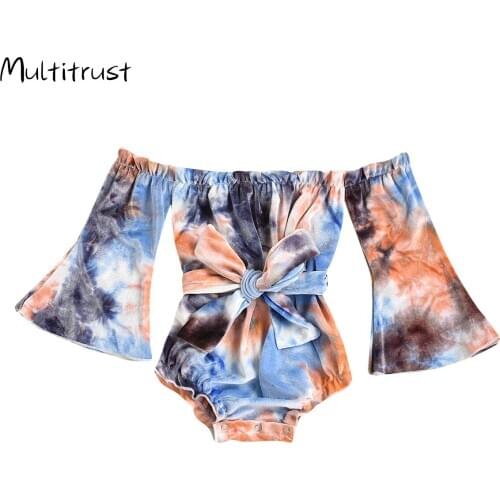 Newborn Baby Girls Bodysuits Autumn Newborn Infant Tie-dye Off Shoulder Flared Sleeve Gold Velvet Bow Tie Bodysuits Baby Clothes