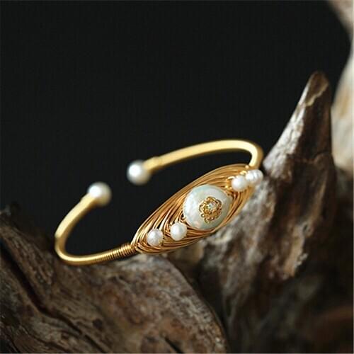 Natural Baroque Freshwater Pearls Bangle Open Handmade Gold-color Wire Wrap Irregular 14K Gold Plated Bracelets for Women Girls