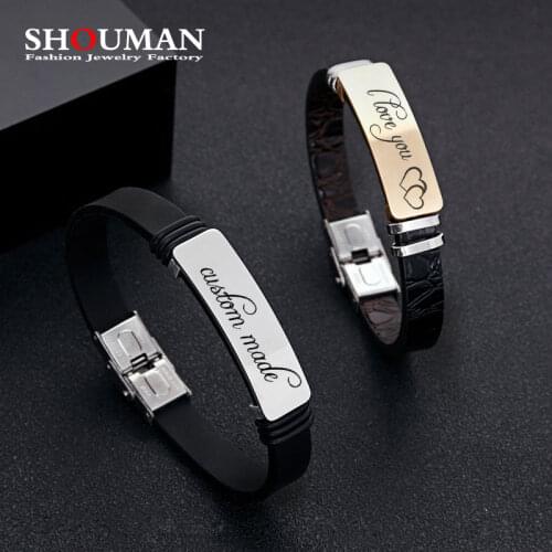 SOUAMN Custom Lettering Logo Stainless Steel Black Gold Leather Silicone Men And Women Couple Bracelet Jewelry Gift Adjustable