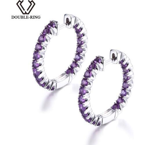DOUBLE-R Genuine Natural Amethyst Hoop Earrings Real 100% 925 Sterling Silver Fine Wedding Jewelry Earrings For Women