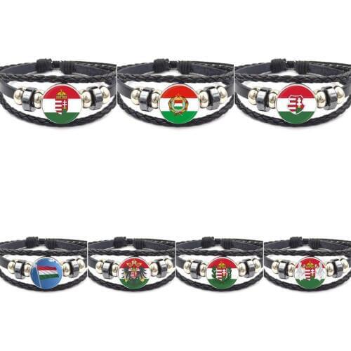 EJ Glaze For Men Women Hungary Flag Steam Punk Jewelry With Glass Cabochon Black Leather Bracelet Bangle