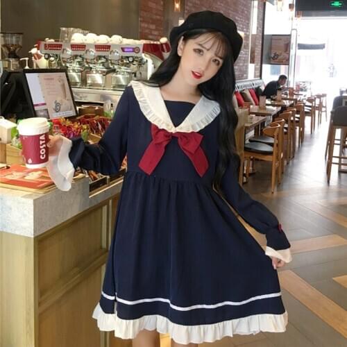 JapaneseContrasting Color Sailor Collar Bow Horn Long Sleeve High Waist Ruffles Doll Dress Women Autumn school girl uniform