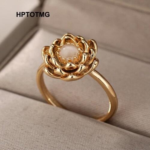 Vintage Gold Opal Lotus Flower Ring for Women Aesthetic Gothic Finger Rings Women Fashion Jewelry Party Gifts anillos mujer