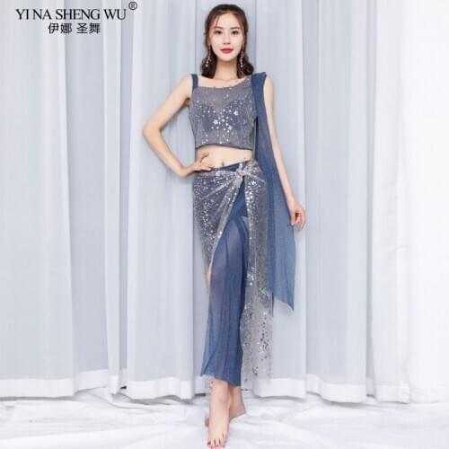3pcs Belly dance Practice Clothes Color Sequin Mesh Sexy Strapless Top+2 Hipscarf India Oriental Dance Performance Fairy Costume