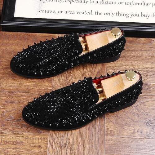 Black Rhinestone Men Dress Shoes Crystal Luxury Moccasins Mens Loafers Office Business Man Footwear