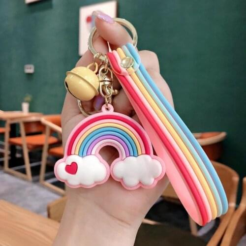 New Lovely Cute Rainbow Key Chain Leather Strap Braided Rope Tassel Keychain for Women Girl Star Lollipop Bag Accessories Gifts