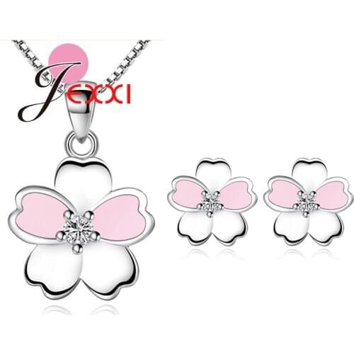 New Arrivals Cherry Blossoms Flower Necklace Earrings 925 Sterling Silver Pink Enamel Sakura Jewelry Sets for Lovely Lady