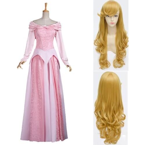 Aurora Dress Princess Briar Rose Sleeping Beauty Cosplay Adult Aurora Costume Girls Aurora Wig Hair Fancy Pink Dress Women Party