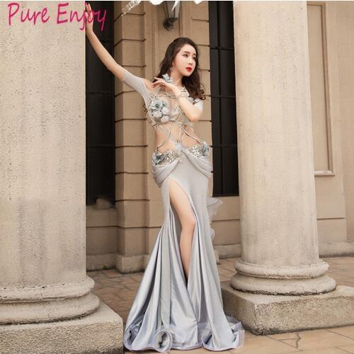 Profession Custom Made Childrens adult Belly Dance Set New luxury diamond Bra Long Skirt Silk sexy fishtail dress set Set