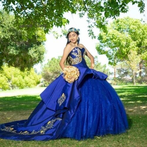 Luxury Royal Blue Quinceanera Dresses 2020 Sweetheart Gold Lace Corset Top Fluffy Ball Gown Prom Dress Sexy vestidos de 15 años