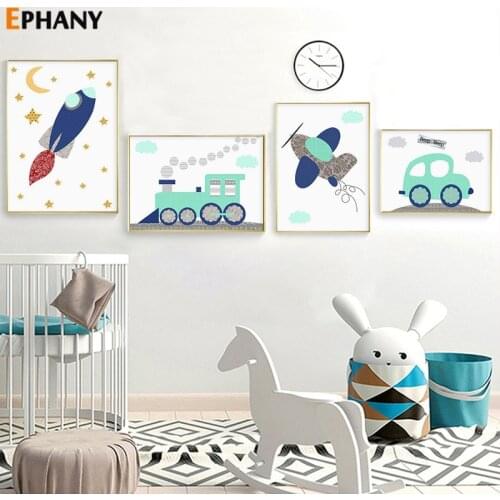 Cartoon Airplane Vehicle Car Nursery Wall Art Spaceship Painting Poster Print Nordic Kids Boy Bedroom Decor Canvas Picture