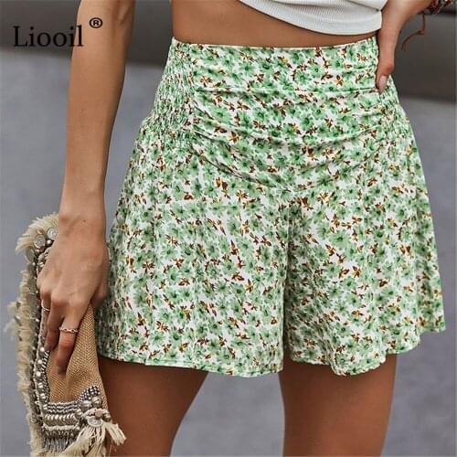Liooil High Waisted Shorts Green Floral Print Wide Leg Shorts For Women Ladies Summer Casual Short Pants 2021 Beach Shorts