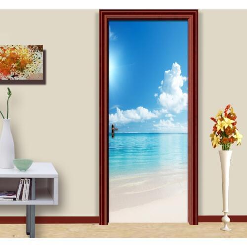 Blue Sky White Clouds Beach Ocean View Modern Living Room Bedroom Door Mural Sticker PVC Waterproof Wallpaper Papel De Parede 3D
